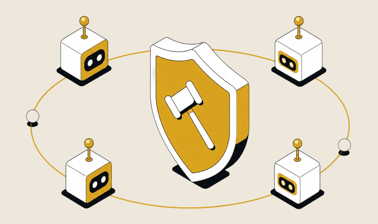 A gavel on a shield, ringed by four agents on a closed circuit.